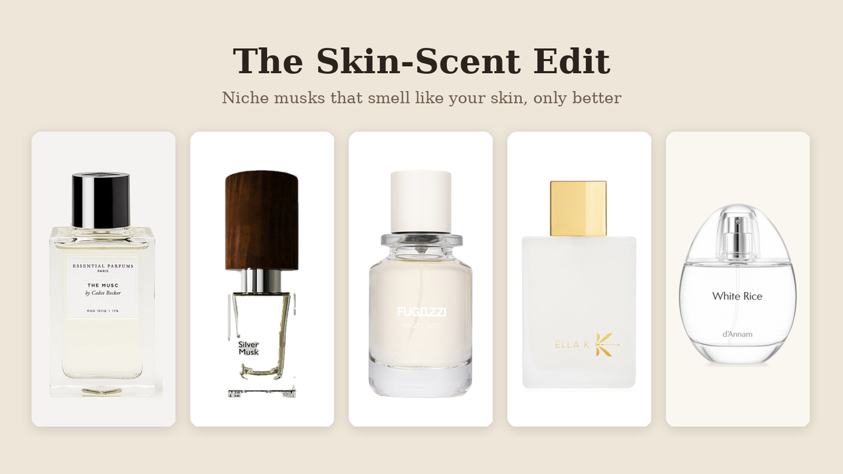Five niche skin scent perfumes: Essential Parfums The Musc, Nasomatto Silver Musk, Fugazzi Angel Dust, Ella K Musc K and d'Annam White Rice