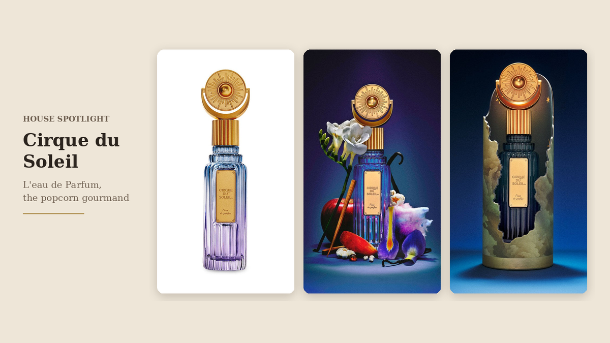 Cirque du Soleil L'eau de Parfum bottle with gold sun stopper, shown three ways