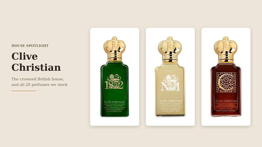 Clive Christian 1872 Masculine, No.1 Masculine and C Woody Leather perfume bottles with gold crown stoppers