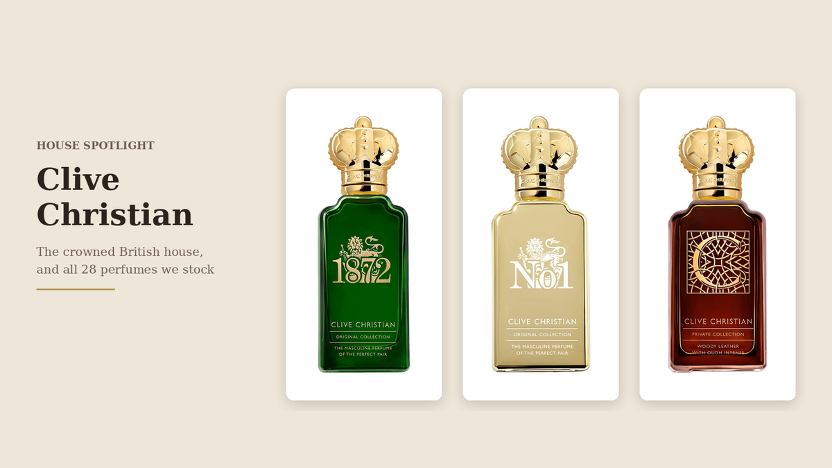 Clive Christian 1872 Masculine, No.1 Masculine and C Woody Leather perfume bottles with gold crown stoppers