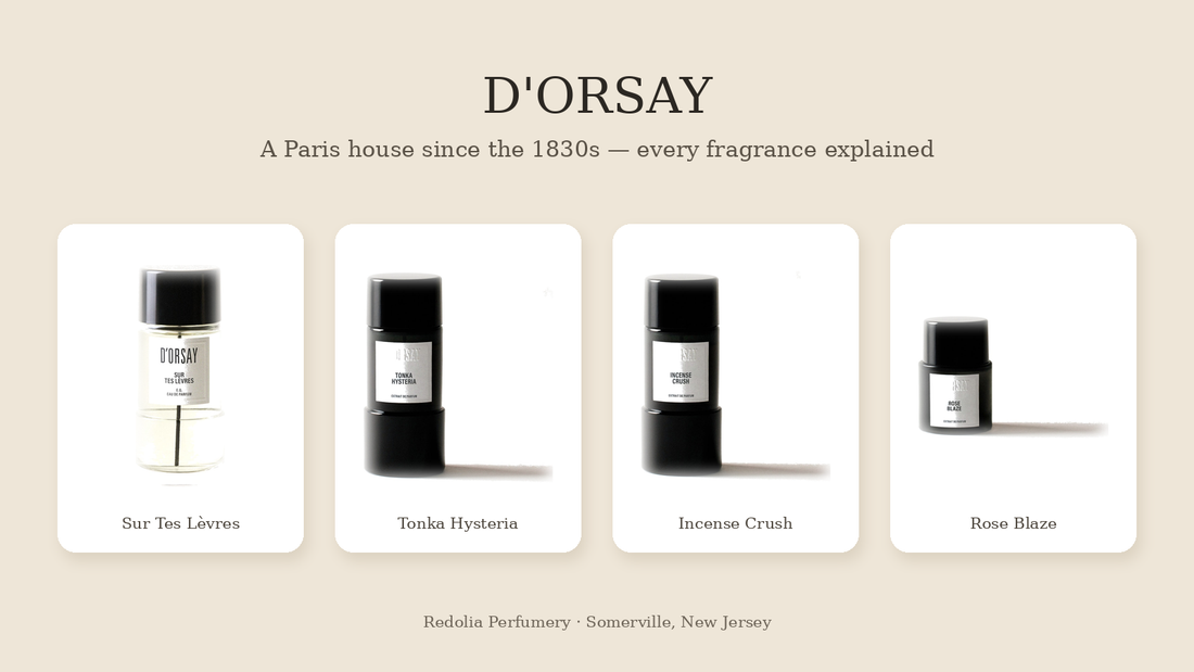D'ORSAY Sur Tes Levres, Tonka Hysteria, Incense Crush and Rose Blaze bottles