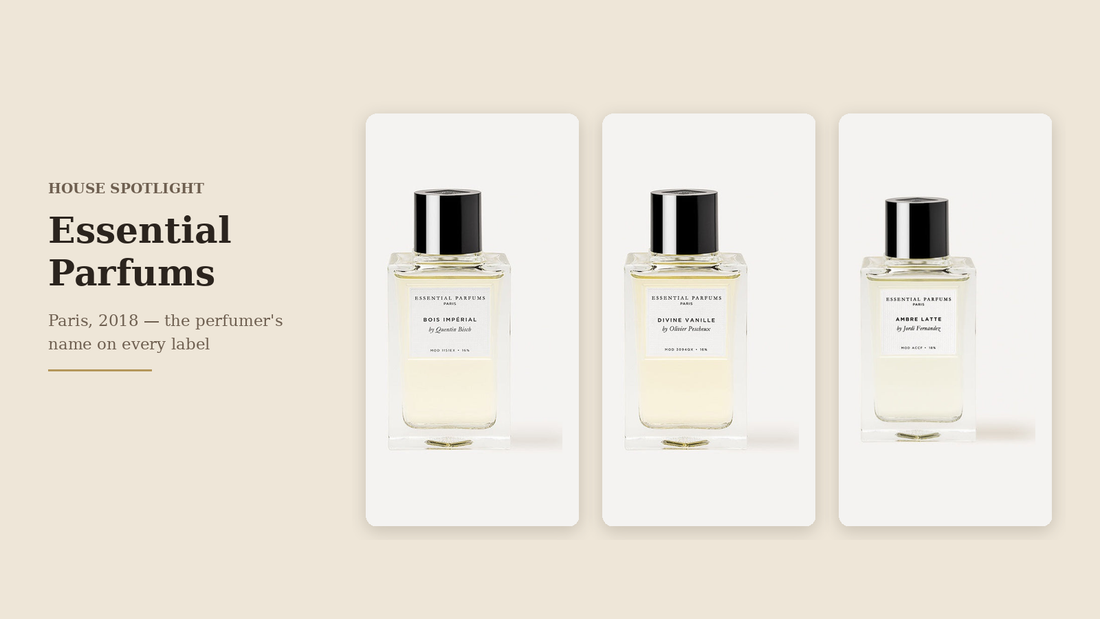 Essential Parfums Bois Impérial, Divine Vanille and Ambre Latte bottles with perfumer names on the labels