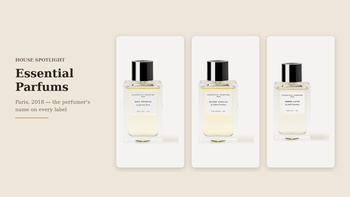 Essential Parfums Bois Impérial, Divine Vanille and Ambre Latte bottles with perfumer names on the labels