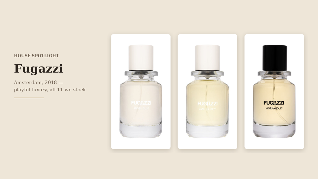 Fugazzi Angel Dust, Vanilla Haze and Workaholic perfume bottles