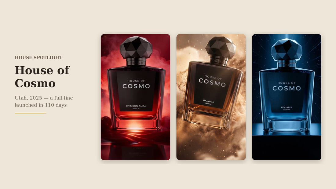 House of Cosmo Crimson Aura, Galaxia and Polaris perfume bottles