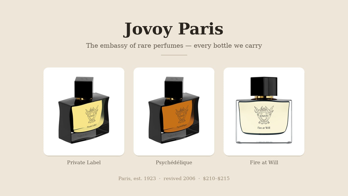 Jovoy Paris Private Label, Psychedelique and Fire at Will eau de parfum bottles