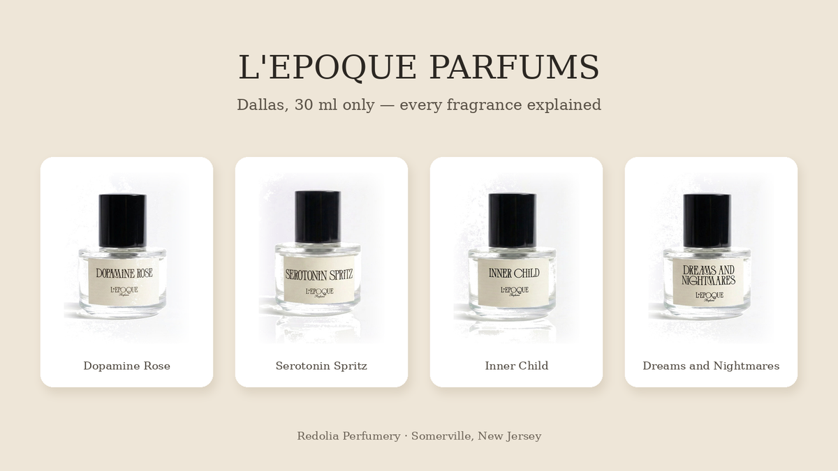 L'Epoque Parfums Dopamine Rose, Serotonin Spritz, Inner Child and Dreams and Nightmares bottles