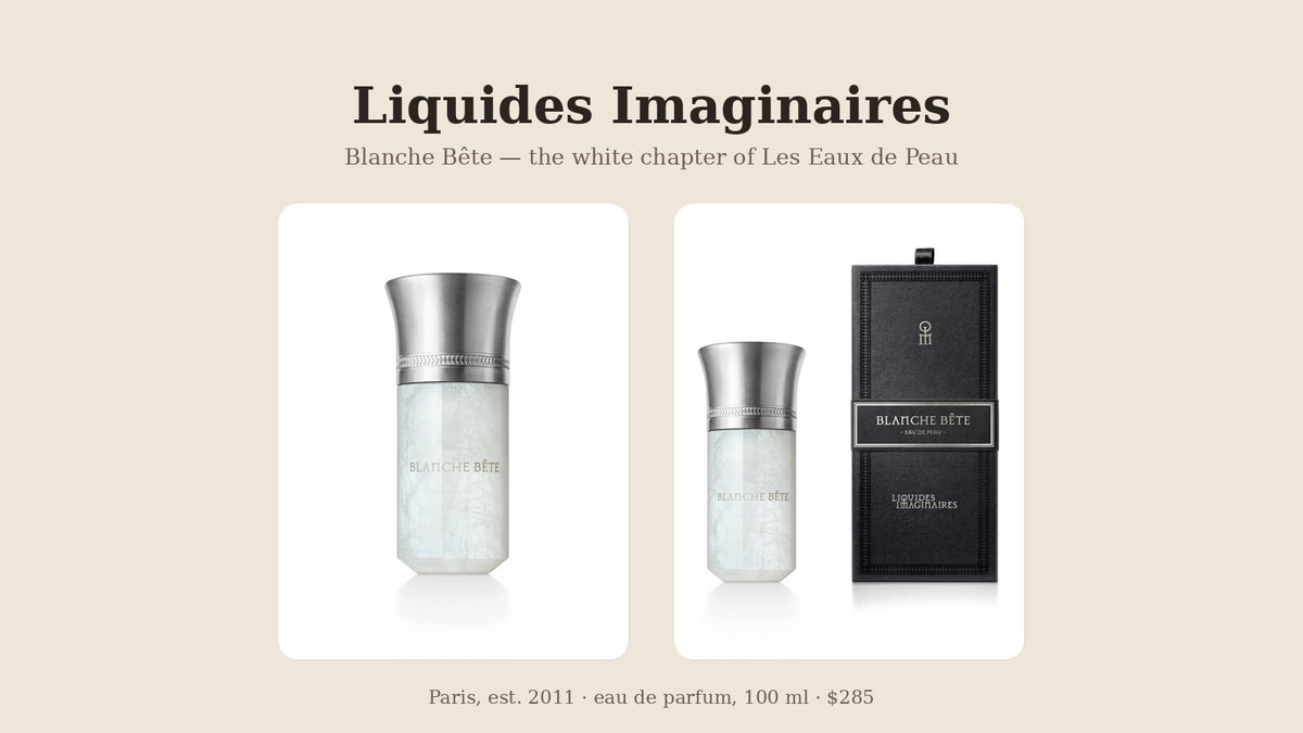 Liquides Imaginaires Blanche Bête eau de parfum bottle and its Eau de Peau box