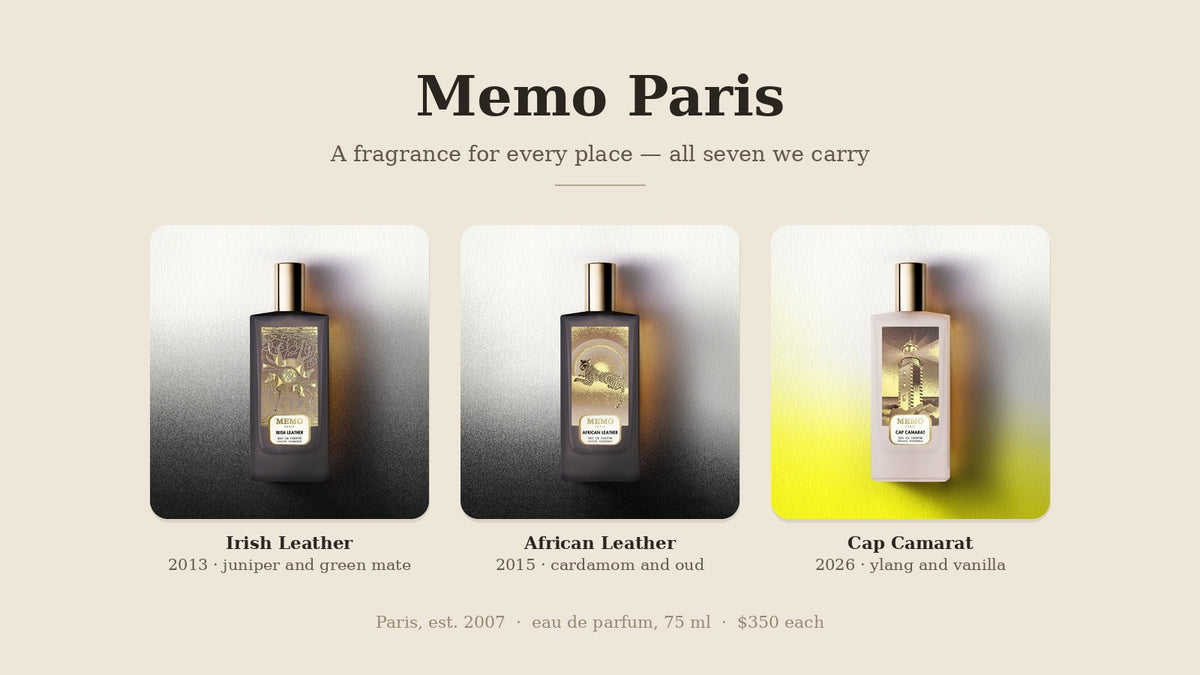 Memo Paris Irish Leather, African Leather and Cap Camarat eau de parfum bottles
