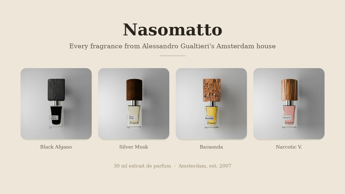 Nasomatto Black Afgano, Silver Musk, Baraonda and Narcotic V. extrait de parfum bottles