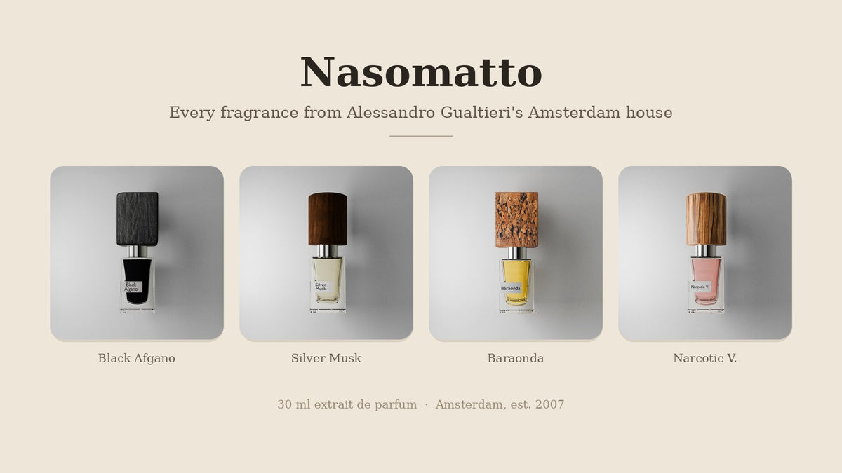 Nasomatto Black Afgano, Silver Musk, Baraonda and Narcotic V. extrait de parfum bottles