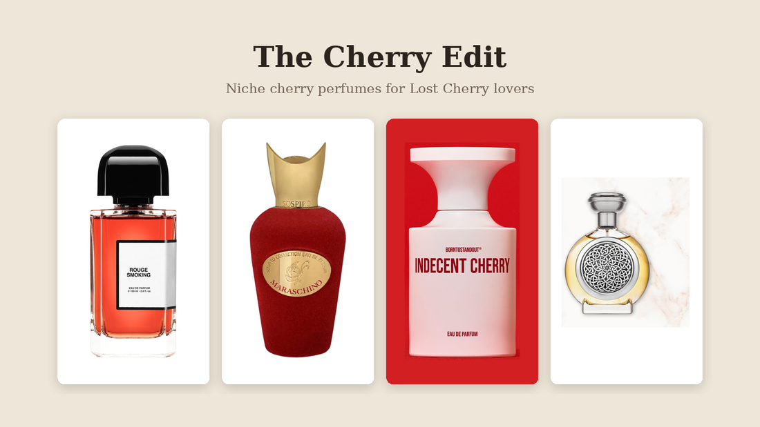 BDK Rouge Smoking, Sospiro Maraschino, BORNTOSTANDOUT Indecent Cherry and Boadicea Bodacious cherry perfume bottles