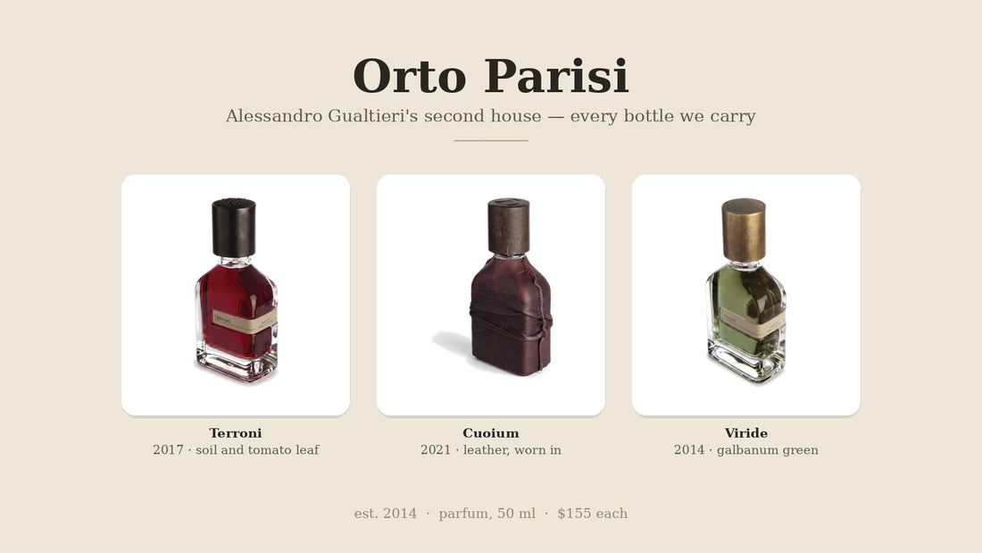 Orto Parisi Terroni, Cuoium and Viride 50 ml parfum bottles
