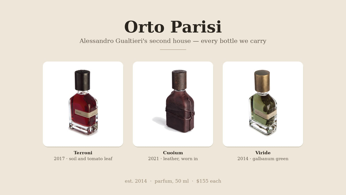 Orto Parisi Terroni, Cuoium and Viride 50 ml parfum bottles
