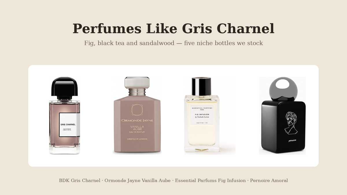 BDK Gris Charnel, Ormonde Jayne Vanilla Aube, Essential Parfums Fig Infusion and Pernoire Amoral bottles