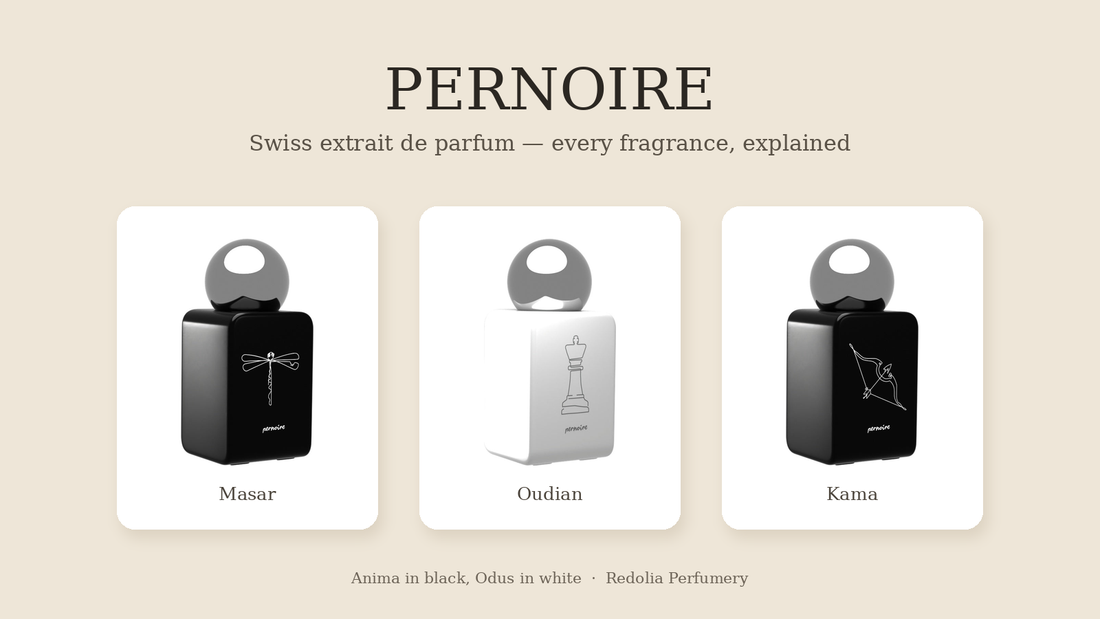 Pernoire Masar, Oudian and Kama extrait de parfum bottles