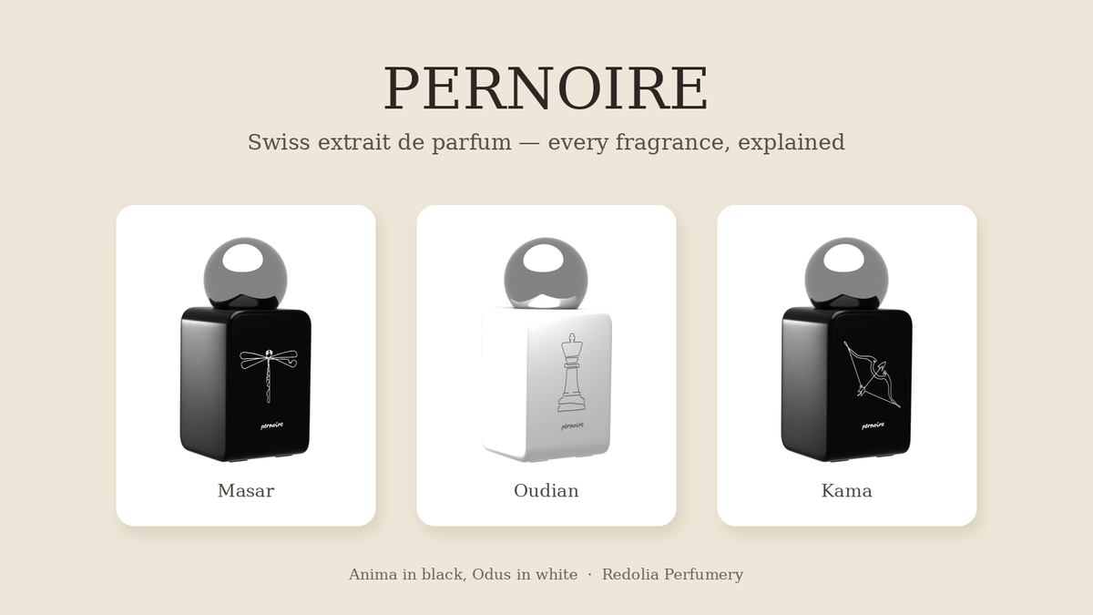 Pernoire Masar, Oudian and Kama extrait de parfum bottles