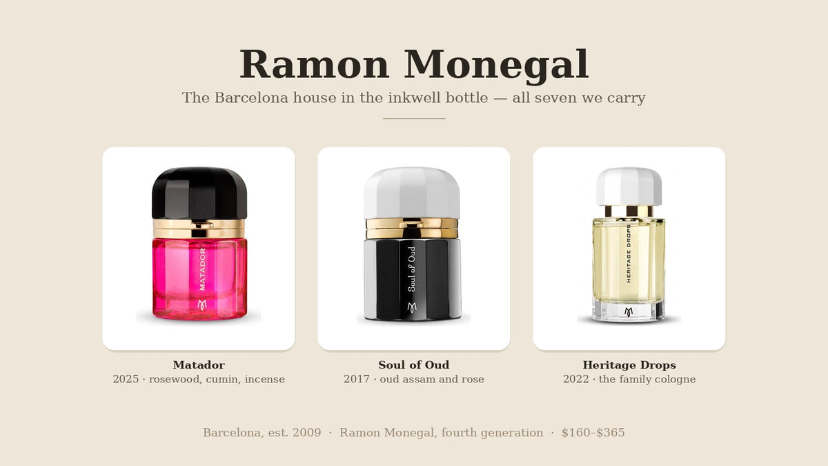 Ramon Monegal Matador, Soul of Oud and Heritage Drops inkwell bottles