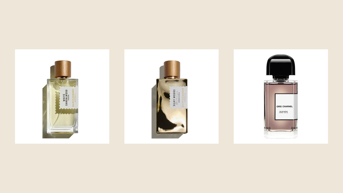 Goldfield & Banks White Sandalwood, Silky Woods and BDK Gris Charnel bottles