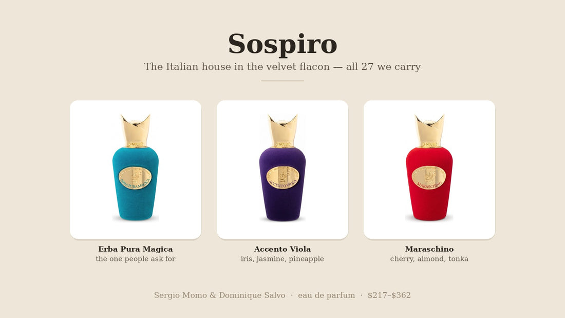 Sospiro Erba Pura Magica, Accento Viola and Maraschino velvet flacons