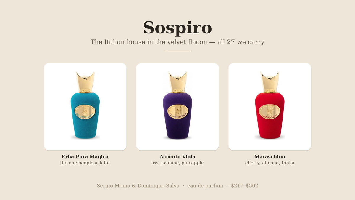 Sospiro Erba Pura Magica, Accento Viola and Maraschino velvet flacons