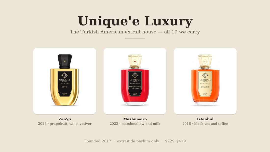 Unique'e Luxury Zen'gi, Mashumaro and Istanbul extrait de parfum bottles