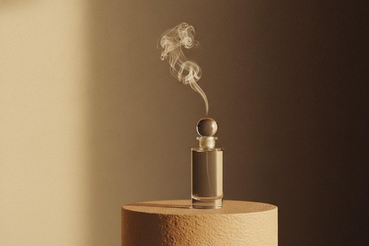 A single glass perfume bottle on warm sand-colored stone with a thin ribbon of scent rising into golden light