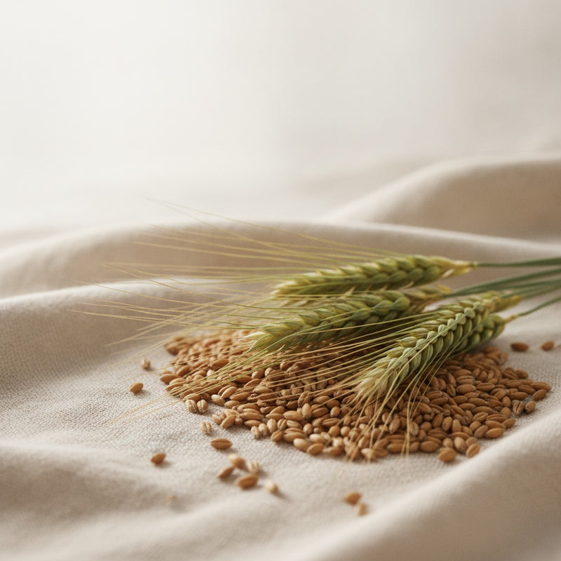 Barley — Scattered golden barley grains and fresh barley stalks arranged on pale linen with soft natural light.