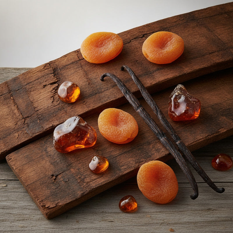 Brandy — Aged oak barrel staves with dried apricots, cognac-colored amber resin, and vanilla pods arranged on weathered 