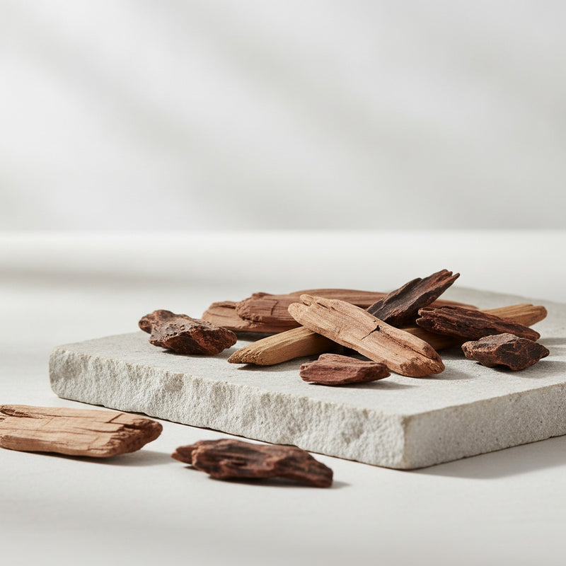 Buddha Wood — Weathered sandalwood chips and agarwood fragments arranged on pale stone with soft diffused light.