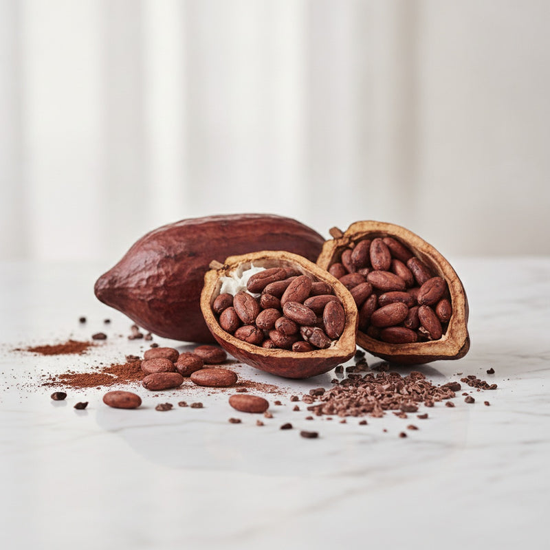 Cacao — Raw cacao pods split open revealing fermented beans, scattered nibs, and cocoa powder on marble.