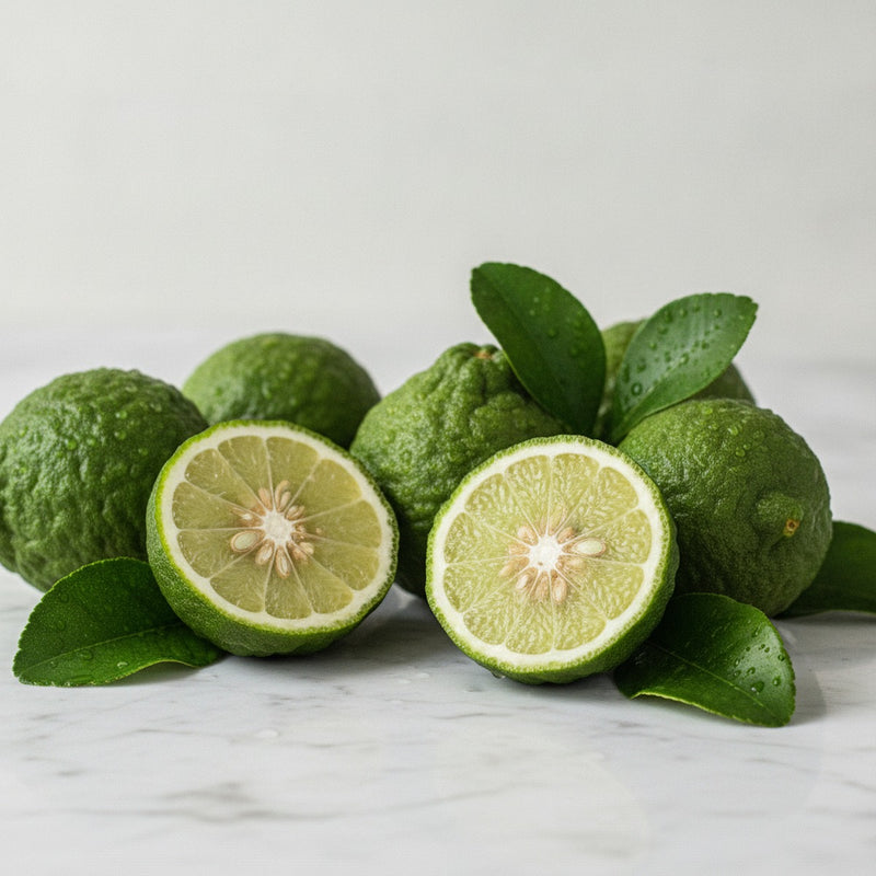Calabrian Bergamot — Fresh Calabrian bergamot fruits halved and whole on white marble with scattered citrus leaves and m