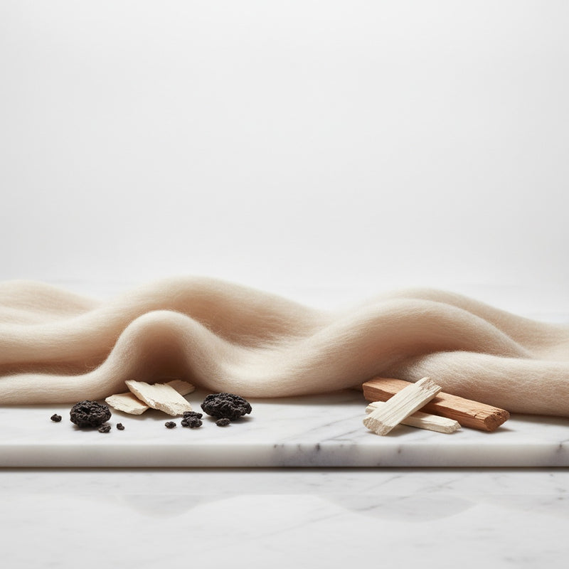 Cashmere Musk — Soft cashmere fibers draped with musk deer gland and creamy sandalwood chips on marble.