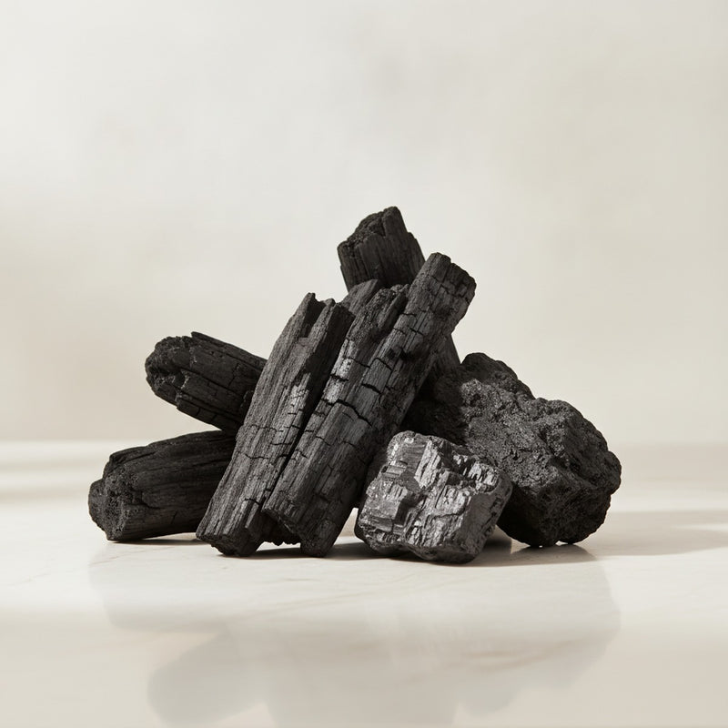 Coal — Charred wood pieces and raw anthracite coal chunks arranged on pale stone.