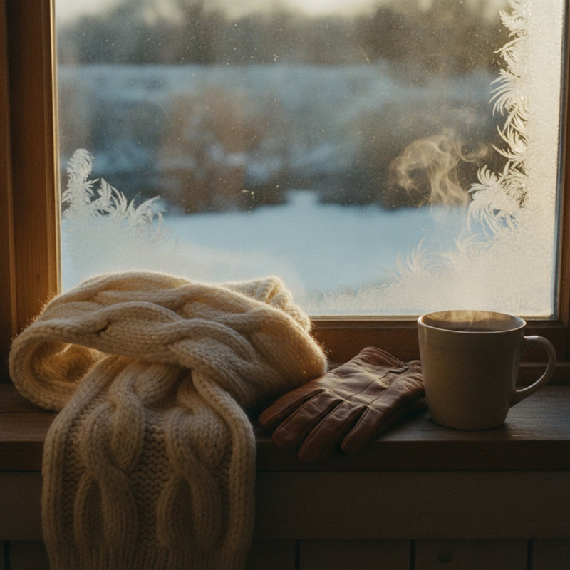 Cold weather fragrances — wool scarf by a frosted window