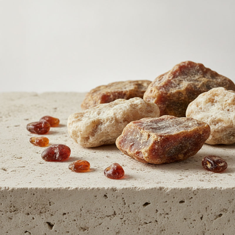 Copal — Weathered copal resin chunks and amber-hued tears scattered on pale limestone surface.