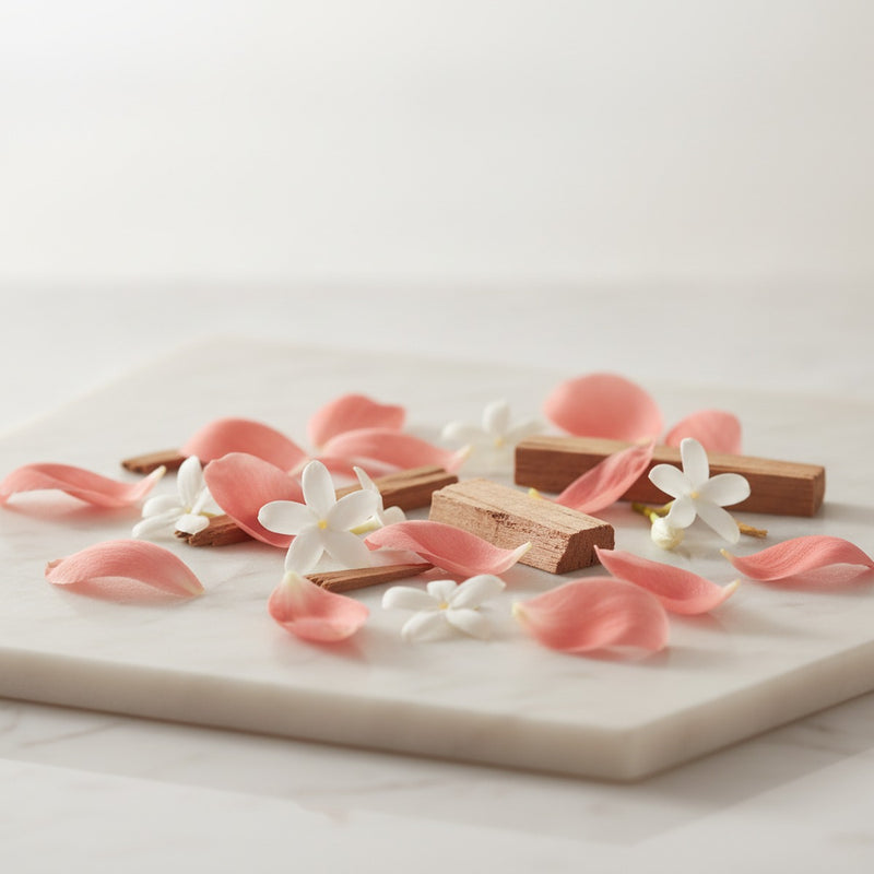 Coral Flower — Delicate coral-pink flower petals with white jasmine blooms and warm sandalwood chips arranged on pale ma