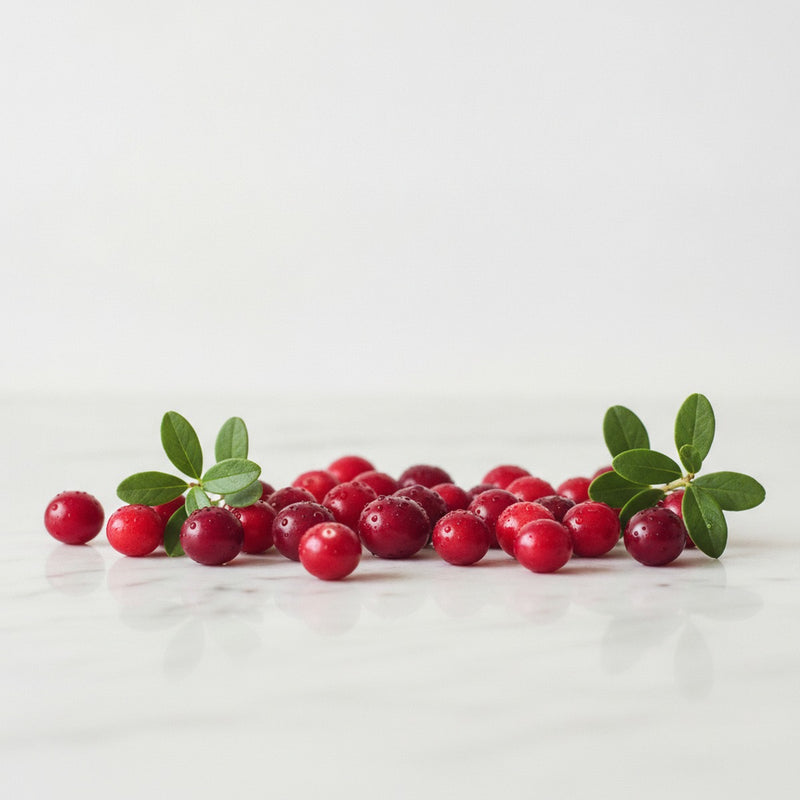 Cranberry — Fresh cranberries scattered on white marble with water droplets and green leaves.