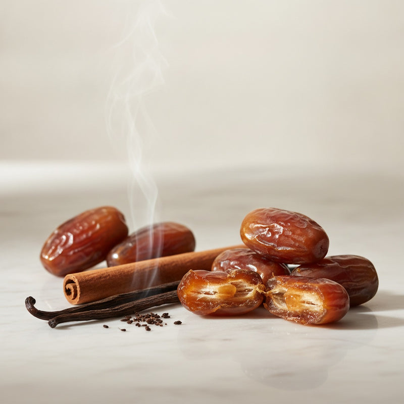 Date — Plump Medjool dates with split vanilla pod and warm cinnamon stick on pale marble.