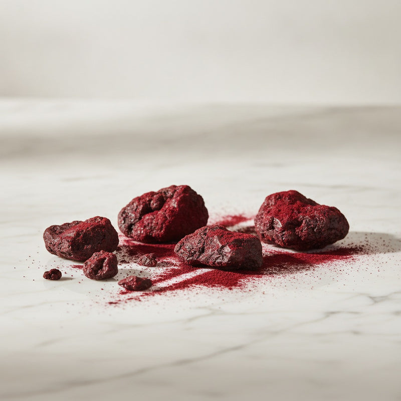 Dragon Blood — Dried dragon's blood resin chunks and deep crimson powder scattered on pale marble.