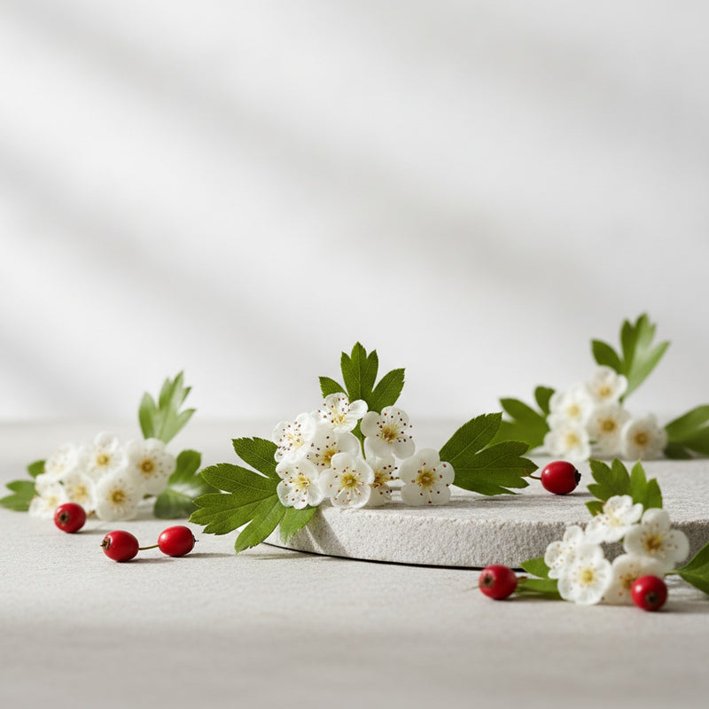 Hawthorn — Delicate white hawthorn blossoms with fresh green leaves and scattered berries on pale stone.