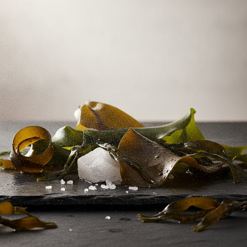 Iodine — Kelp and sea salt crystals arranged on wet slate with ocean spray mist.