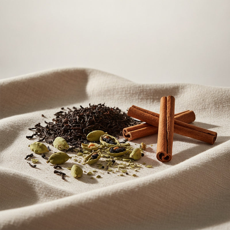 Karak Tea — Loose black tea leaves with crushed cardamom pods and cinnamon sticks arranged on cream linen.