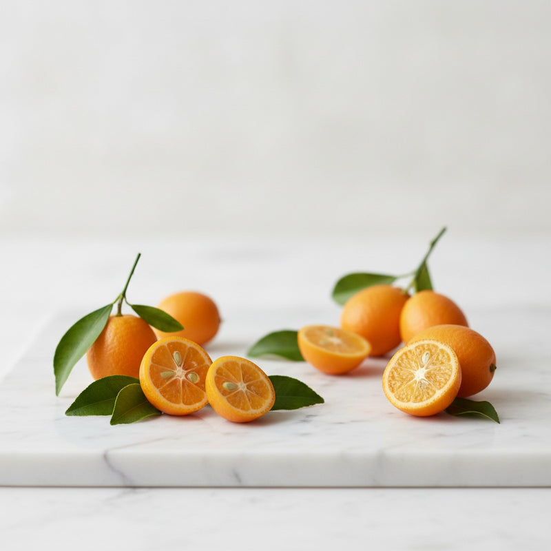 Kumquat — Fresh kumquats halved and whole, scattered with green leaves on white marble.