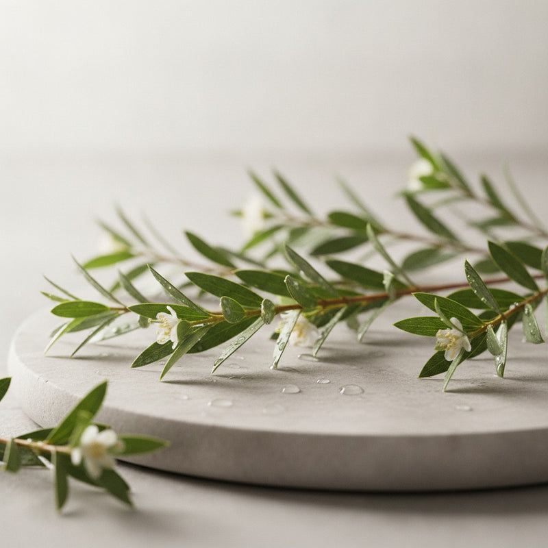 Kunzea — Kunzea sprigs with dewy leaves and delicate white flowers scattered on pale stone.