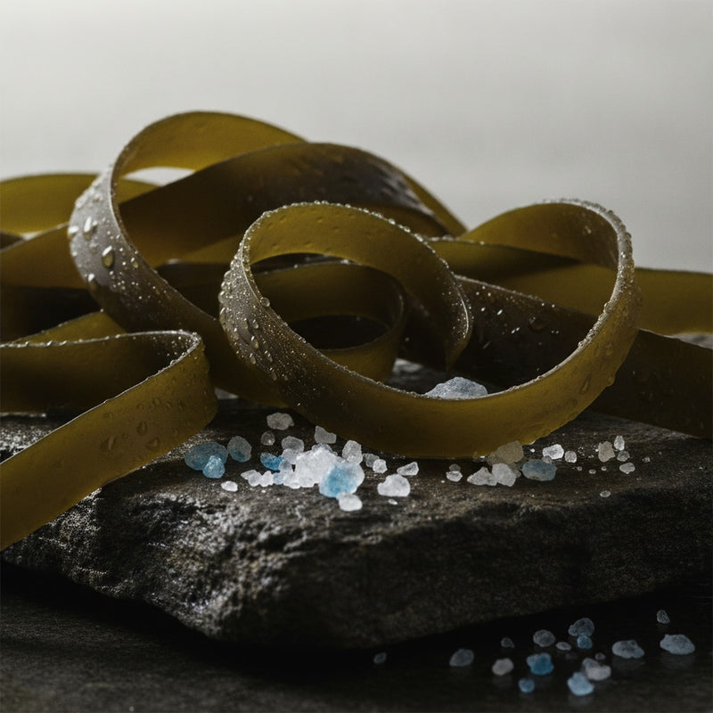 Laminaria — Kelp fronds and sea salt crystals arranged on wet stone with water droplets.