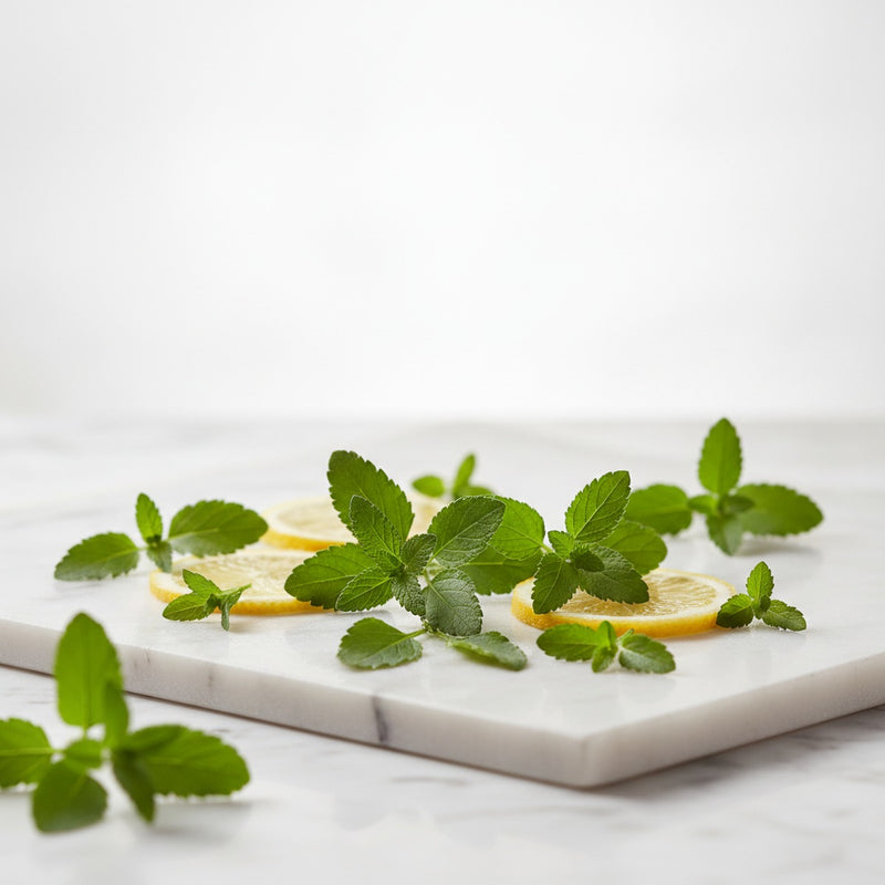Lemon Verbena — Fresh lemon verbena leaves with scattered lemon slices and verbena sprigs on white marble.