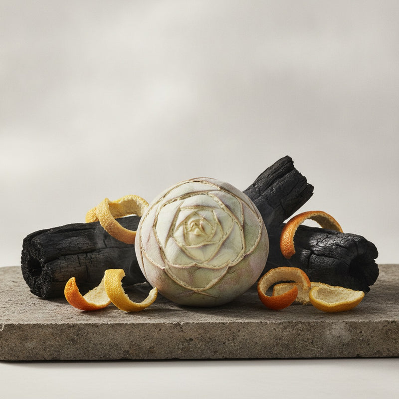 Mezcal — Agave plant heart with charred wood pieces and dried citrus peel on weathered stone.