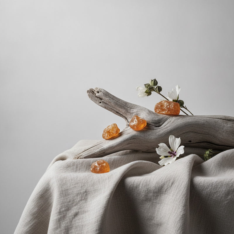 Musky Woody — Weathered driftwood, ambroxan-evoking amber resin, and dried white musk mallow flowers arranged on pale li