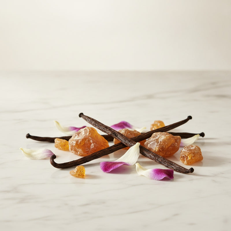 Oriental — Amber resin, vanilla pods, and dried orchid petals arranged on marble.